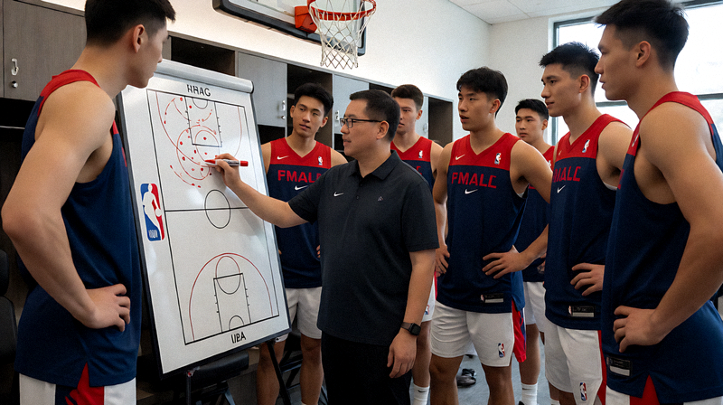 NBA篮球战术分析场景，教练在战术板上画出三分进攻战术线路，球员围在旁边认真聆听